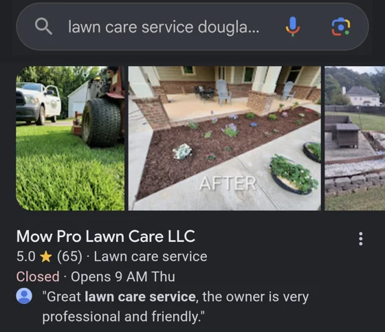 Google search for lawn care service Douglasville showing Mow Pro Lawn Care LLC with a 5.0 star rating from 65 reviews