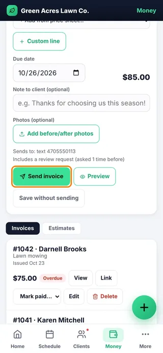 UmmiYard invoice screen with a Send invoice button and an included review request