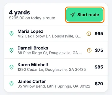 UmmiYard home screen showing today's route with four yards and a Start route button
